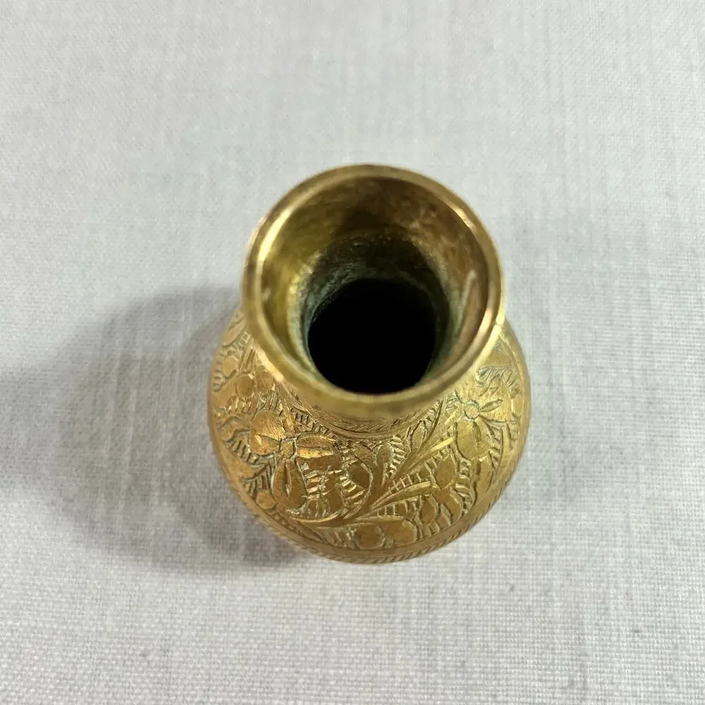 Vintage India Solid Brass Mini Candlestick Holder Hand Etched Floral 3